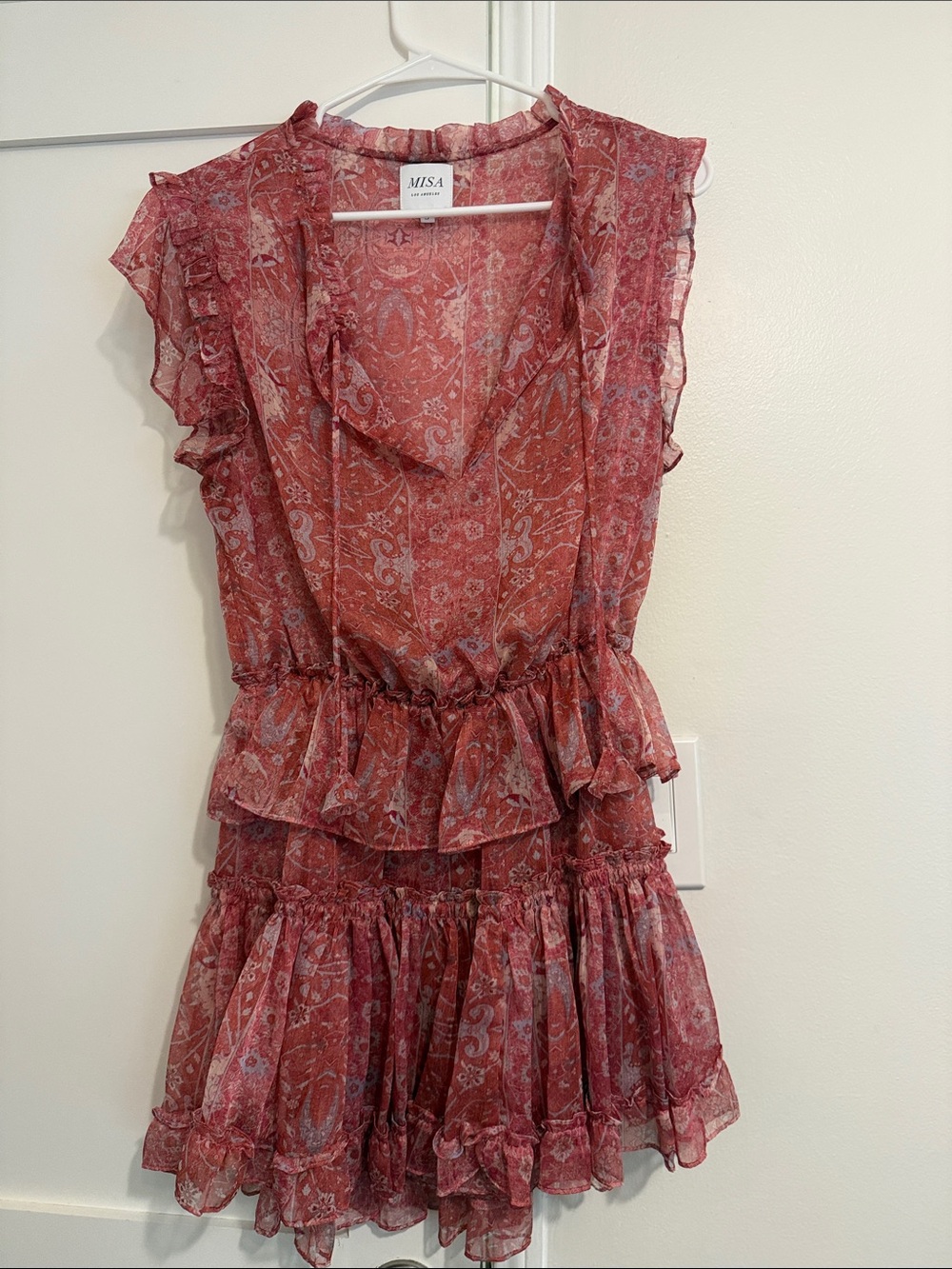 Misa Los Angeles Red Paisley Ruffle Mini Dress